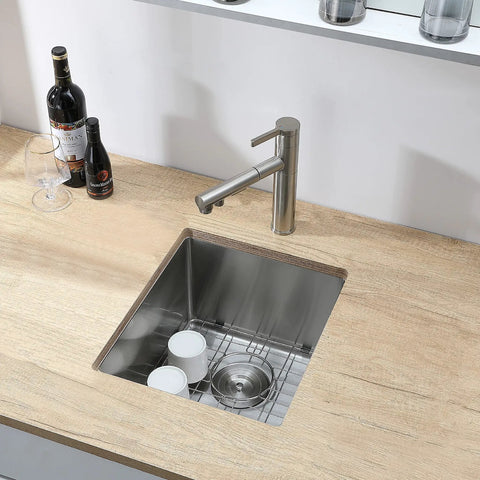 15x17 Inch Stainless Steel Bar Sink Undermount For RV And Wet Bar Use, brushed nickel finish, integrated in wooden countertop