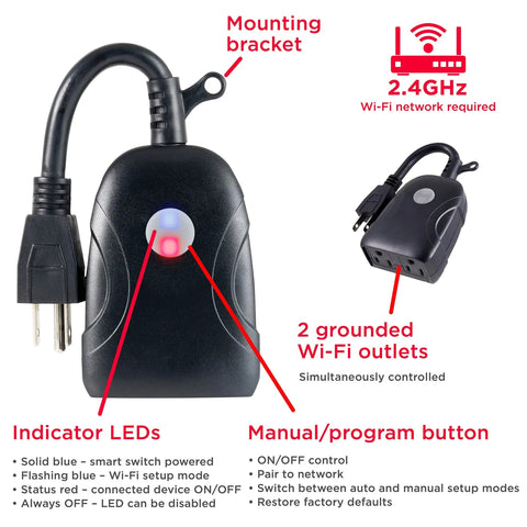 Dual Grounded Outdoor Smart Plug In Matte Black Case Connects To 2.4Ghz Wifi For Alexa And Google Home Commands With Zero Hub Hassle Delivers Straight Up Smart Control For Patio Lights And Outdoor Gear So You Can Kick Back And Relax, showing mounting bracket, two grounded outlets, and indicator LEDs.