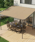 12x10 Lean-To Gazebo Pergola With Weatherproof Canopy covering outdoor dining area on wooden deck, wall-mounted design