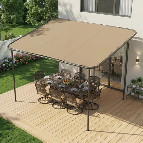 12x10 Lean-To Gazebo Pergola With Weatherproof Canopy covering outdoor dining area on wooden deck, wall-mounted design