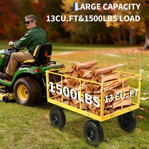 Heavy Duty 1500 Lbs Mesh Steel Garden Cart With Folding Utility Wagon Removable Sides loaded with firewood on a farm