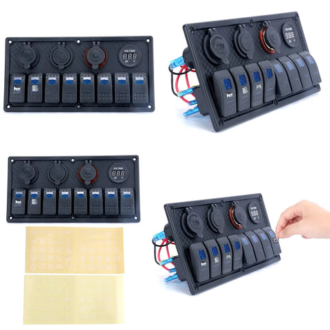 Waterproof 8 Gang Rocker Switch Panel With Digital Voltmeter Dual USB Charger 12V Cigarette Lighter Socket Blue LED Indicator