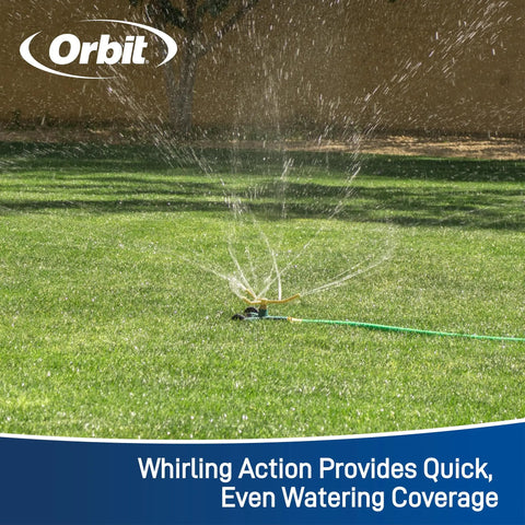 Three Arm Metal Lawn Sprinkler With Wheel Base For Garden Irrigation Full Circle Coverage Up To Fifty Feet Diameter spraying water