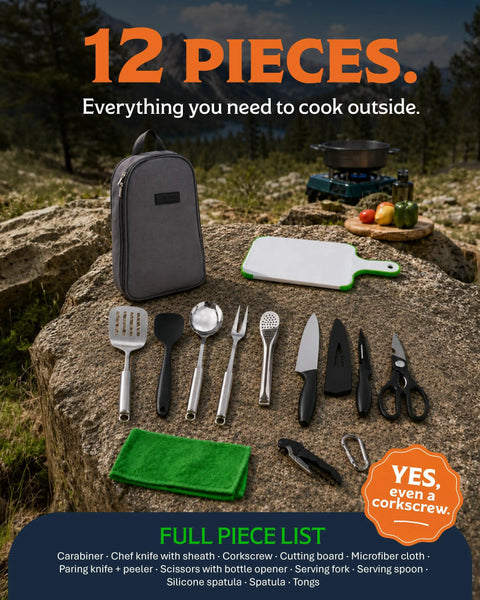 12 Piece Camp Cooking Utensil Set With Portable Carry Case For Camping Hiking Travel And BBQ Grilling Stainless Steel Outdoor
