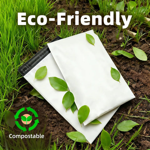 100 Pack 10x13 Poly Mailers For Ecommerce Shipping Waterproof Tear Resistant Self Seal Bags with nature background and eco-friendly label.