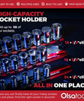 Aluminum Socket Organizer Rail Kit, 3 Piece Red Set For One Half Inch, Three Eighth Inch, And One Quarter Inch Drives, High Capacity Holds Fifty Eight Chrome Or Impact Sockets, Pro Grade Socket Rails For Shop Or Garage showing organized chrome sockets on red rails.
