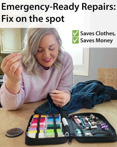 Woman using Grab And Go Sewing Kit For Adults And Beginners A Portable Travel Kit With 24 Thread Colors Needles Scissors