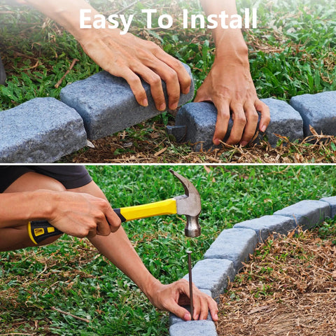 Installing Realistic Faux Stone Landscape Edging Kit With 24 Bricks, 15.5 Ft Total, Lawn And Flower Bed Border Blocks
