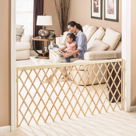 Expansion Walk Thru Room Divider Baby Gate in Natural Wood fits openings from 24 to 60 inches wide, stands 32 inches tall, in living room
