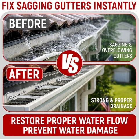 Comparison of sagging and repaired gutters using 5 Inch Aluminum Gutter Hangers With Screws Easy Install K Style Hidden Gutter Hangers