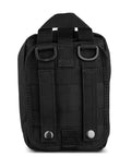 Rear view of black Beefed-Up Premium IFAK Trauma Kit MOLLE Pouch With CAT Tourniquet HyFin Chest Seal Israeli Bandage HSA FSA Approved