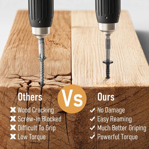 Comparison of Tough as Nails 8-Inch Size 14 Heavy-Duty Wood Screws Star Drive vs regular screws on wooden planks.