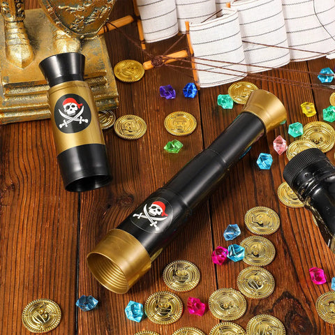 Two Pack Pirate Telescope Toys For Kids Mini Handheld Monocular Bronze And Black Set For Curious Explorers, Perfect For Pretend Sea Adventures, Sharing With Friends, Outdoor Fun, And Educational Imagination. Plastic 18 x 4 cm pirate toy telescopes with ship set