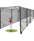 Heavy Duty Baseball and Softball Batting Cage With Wheels For Backyard Driveway And Club Training Commercial Grade Portable Cage Built Tough Steel Frame Premium Netting Easy Setup 40 Ft Practice Space with steel frame and athlete.