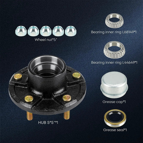 Trailer Idler Hub Kit 5 On 5 Hole 5 Inch Bolt Circle For 3500 Lb Trailer Axles Replacement Hub Drum Assembly For RVs L68149 L44649 Cone Bearings With Seals components shown