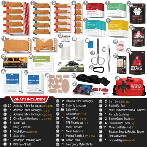152-piece waterproof first aid kit in a red portable dry bag for boating and camping