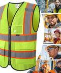 Solid Hi Vis Safety Vest For Men And Women With Reliable Zipper Front And Roomy Cargo Pockets Bright Yellow Mesh Cloth Meets Ansi Class 2 Certification completely unconstrained fit.