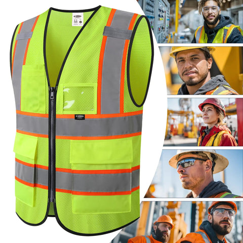 Solid Hi Vis Safety Vest For Men And Women With Reliable Zipper Front And Roomy Cargo Pockets Bright Yellow Mesh Cloth Meets Ansi Class 2 Certification completely unconstrained fit.