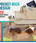 Stealthy Hidden Travel Money Belt With Full RFID Blocking shown with passport and cards in pockets, woman wearing beige pouch