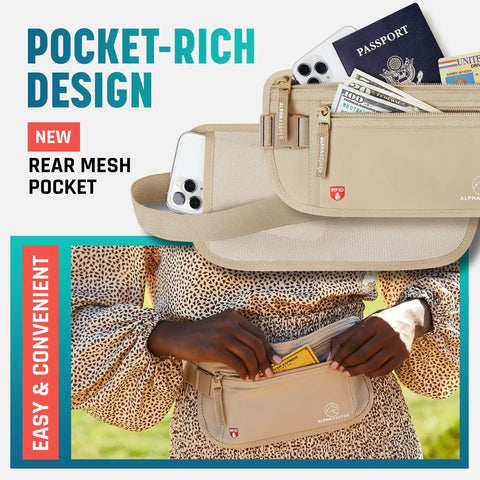 Stealthy Hidden Travel Money Belt With Full RFID Blocking shown with passport and cards in pockets, woman wearing beige pouch