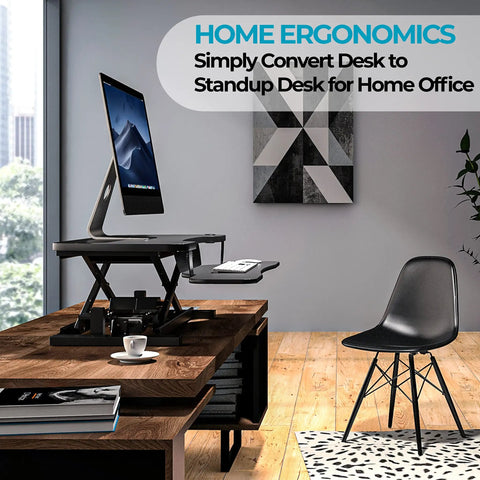 PowerPro 36 Inch Electric Standing Desk Converter for Sit to Stand with dual monitor setup in a modern home office