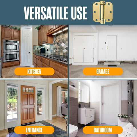 Self Closing Door Hinges With Spring Loaded Auto Close Brass 3.5 Inch Radius Five Eighths Inch Adjustable Tension Easy Install for Interior Doors in Kitchen, Garage, Entrance, Bathroom