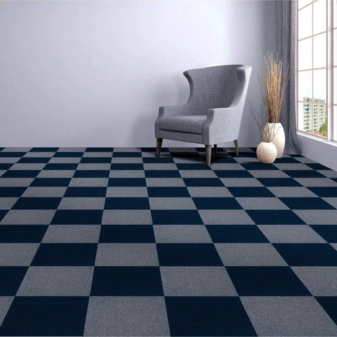 Room with Peel And Stick 12x12 Carpet Tiles Navy Blue 12 Tiles Self Adhesive Floor Tiles for Easy DIY Flooring in Kitchen Dining Room Wood Chair