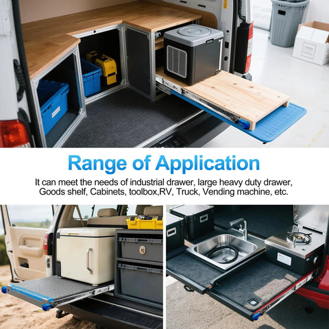 Heavy Duty 20 Inch Drawer Slides Full Extension Locking Ball Bearing Rails For Side Mount Cabinets 250 LB Load Capacity in van setup