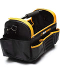 16 Inch Handled Tool Tote Bag with Reinforced Bottom and Water Resistant Construction, side view showing compartments and strap