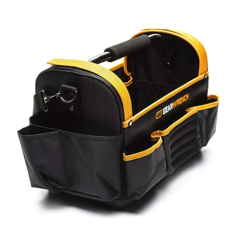 16 Inch Handled Tool Tote Bag with Reinforced Bottom and Water Resistant Construction, side view showing compartments and strap
