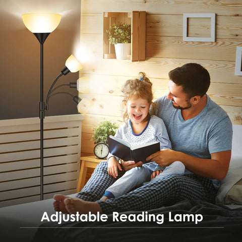 Tall Torchiere Floor Lamp With Adjustable Reading Light beside father and daughter reading on bed, cozy room setting