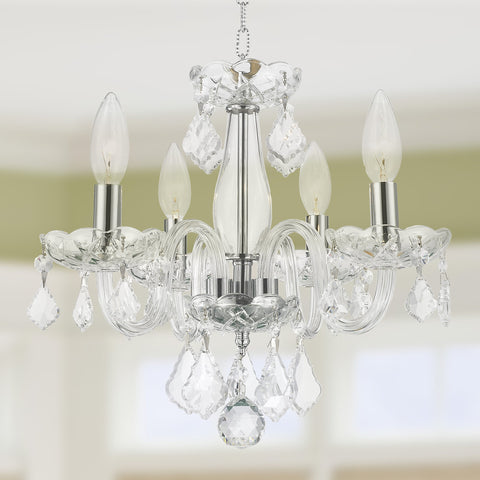 Four Light Crystal Chandelier In Chrome Finish With Cranberry Red Crystals, 16 Inch Diameter And 12 Inch Height, on display