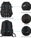 Back view of Go-To Travel Laptop Backpack 17.3 Inch XL with labeled features like padded back panel, anti-theft pocket, and chest strap.