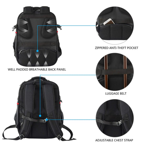 Back view of Go-To Travel Laptop Backpack 17.3 Inch XL with labeled features like padded back panel, anti-theft pocket, and chest strap.