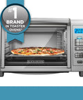 Six Slice Digital Convection Countertop Toaster Oven with Stainless Steel Finish, showing pizza inside, digital timer set to 2:00.