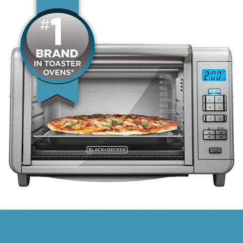 Six Slice Digital Convection Countertop Toaster Oven with Stainless Steel Finish, showing pizza inside, digital timer set to 2:00.