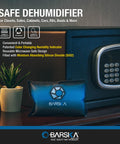 Rechargeable Desiccant Dehumidifier Bag Safe Moisture Absorber for home closets, gun safes, basements, garages and cars displayed on shelf.