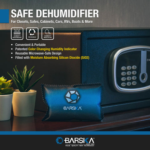 Rechargeable Desiccant Dehumidifier Bag Safe Moisture Absorber for home closets, gun safes, basements, garages and cars displayed on shelf.