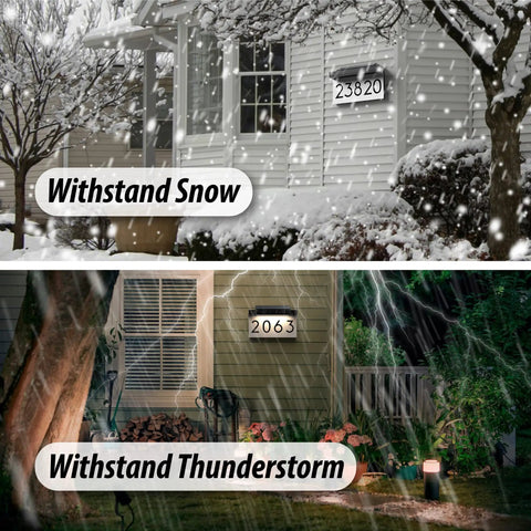 Solar Powered House Numbers Address Plaque With Adjustable Solar Panel And Three Color Lighting in snow and storm conditions