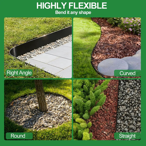 Flexible No Dig Landscape Edging Kit 4 In By 40 Ft With 60 Galvanized Steel Stakes shown in right angle, curved, round, and straight shapes.