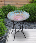 Handpainted Mosaic Flower Fusion Glass Pedestal Bird Bath For Outdoor Patio Garden Backyard Deck Decor, 21 Inch Height In Blue And Purple, Multi Functional Waterer Or Bird Feeder With Foldable Stand