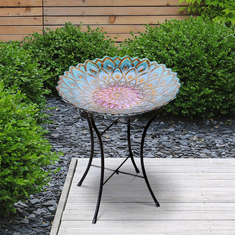 Handpainted Mosaic Flower Fusion Glass Pedestal Bird Bath For Outdoor Patio Garden Backyard Deck Decor, 21 Inch Height In Blue And Purple, Multi Functional Waterer Or Bird Feeder With Foldable Stand