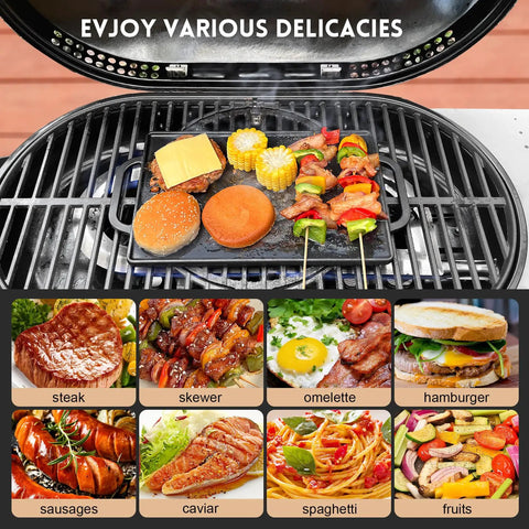 Reversible Cast Iron Grill Griddle With Double Sided Grill Pan on gas grill with food items like burger, corn, and skewers, 13 x 8 in