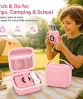 Kids Instant Print Camera Case With 3 Roll Paper Refills, Easy Carry Storage For Your Instant Photo Cameras, Fits Esoxoffore Dylanto Prograce Dududragon Careenoah Gktz ETIKEZ Yeehao Letshaha Enerhamp Anchioo Ytetch Amzelas Weefun Meetrye U. pink PU case with camera and paper rolls at campsite