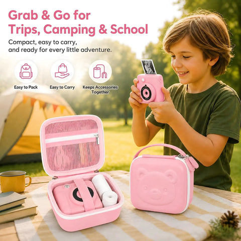 Kids Instant Print Camera Case With 3 Roll Paper Refills, Easy Carry Storage For Your Instant Photo Cameras, Fits Esoxoffore Dylanto Prograce Dududragon Careenoah Gktz ETIKEZ Yeehao Letshaha Enerhamp Anchioo Ytetch Amzelas Weefun Meetrye U. pink PU case with camera and paper rolls at campsite