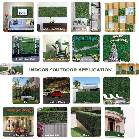 Collage of applications for Ultra Dense Faux Boxwood Wall Panels 10-Inch By 10-Inch Set Of 10 Real Privacy For Outdoor Fences UV Resistant