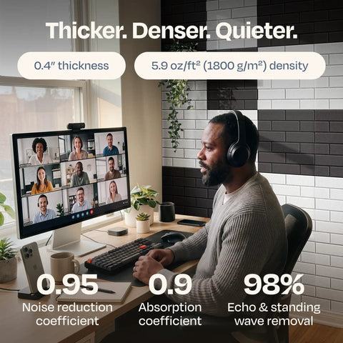 A man participating in a video conference using Heavy Duty Self Adhesive Acoustic Wall Panels 18 Pack 12 By 12 Inch High Density 3D Brick.