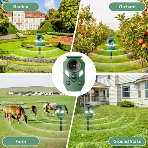 4 Pack Solar Powered Ultrasonic Animal Repeller Outdoor Waterproof With Motion Activated Sensor Strobe Light 5 Frequency Modes To Help Keep Pests At Bay Cats Raccoons Squirrels Deer Rabbits And More in garden, orchard, farm, and ground stake use