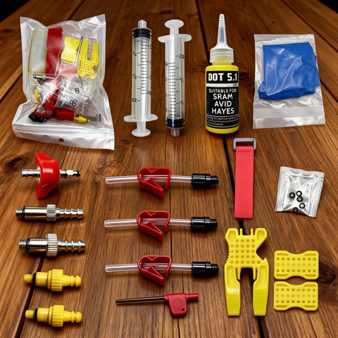 Bike Brake Bleed Kit For All SRAM Series with metal adapters and DOT 5.1 fluid on wooden surface