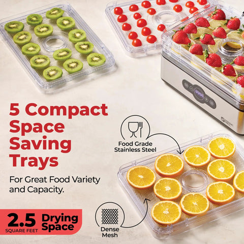 Compact 5 Tray Food Dehydrator With Digital 48 Hour Timer And Adjustable Temperature Up To 167 Degrees, Stainless Steel Racks